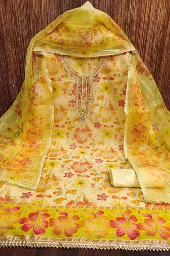 yellow organza handwork unstitched dress material