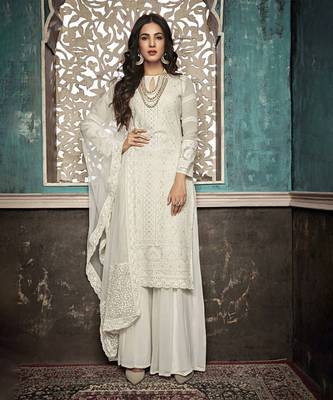 White Faux Georgette Chikankari Embroidered Pakistani Suit 1