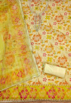 yellow organza handwork unstitched dress material 3