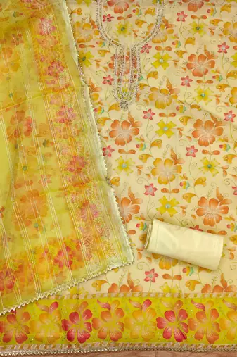 yellow organza handwork unstitched dress material