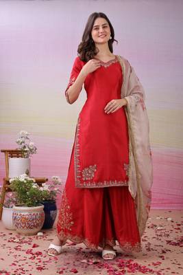 Red Silk Kurta Pant with Duppata 1