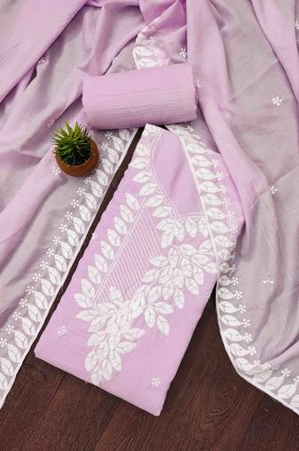 Women's lavender cotton embroidered unstitched dress material