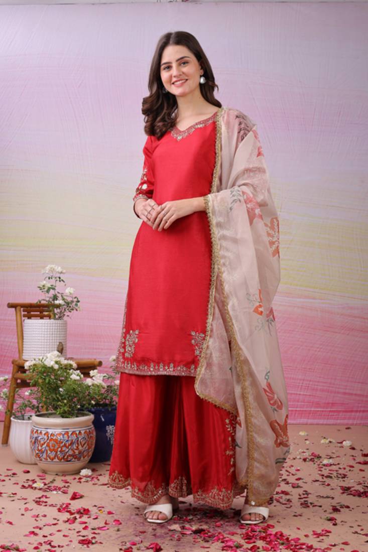 Red Silk Kurta Pant with Duppata