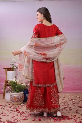 Red Silk Kurta Pant with Duppata 4