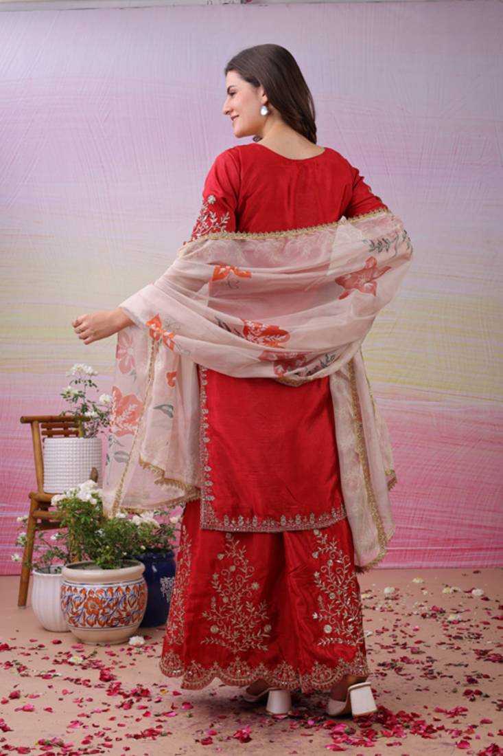 Red Silk Kurta Pant with Duppata
