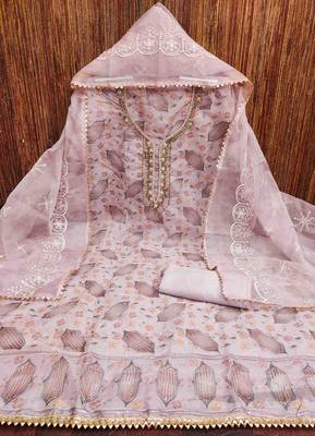 lavender organza handwork unstitched dress material 2