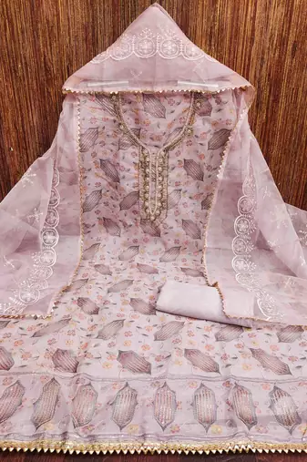 lavender organza handwork unstitched dress material
