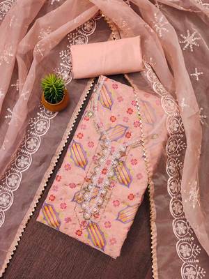 peach organza handwork unstitched dress material 1