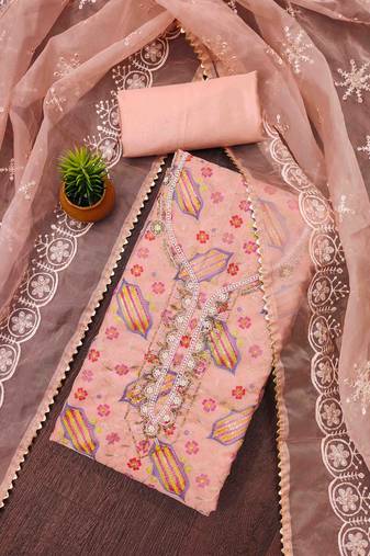 peach organza handwork unstitched dress material