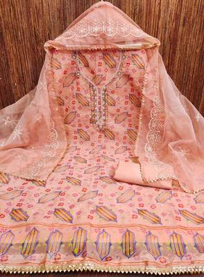 peach organza handwork unstitched dress material 2