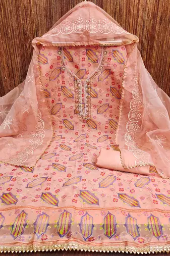 peach organza handwork unstitched dress material