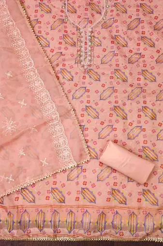 peach organza handwork unstitched dress material