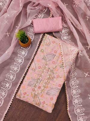 pink organza handwork unstitched dress material 1