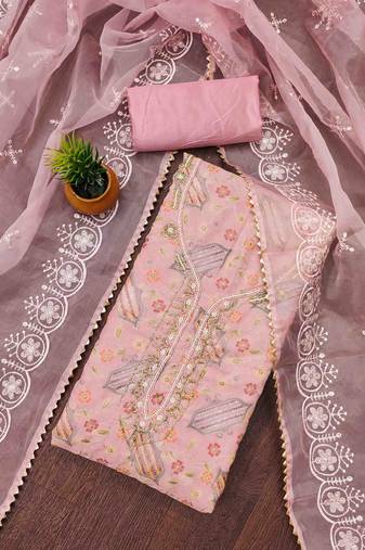 pink organza handwork unstitched dress material