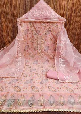 pink organza handwork unstitched dress material 2