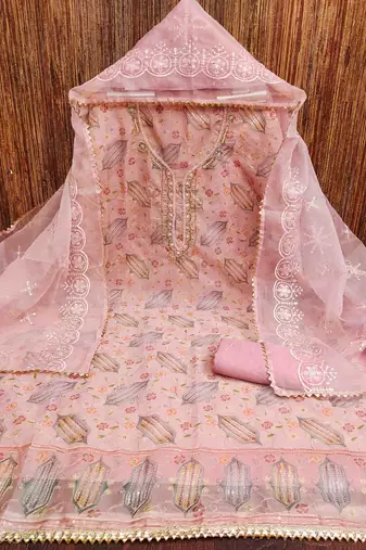 pink organza handwork unstitched dress material