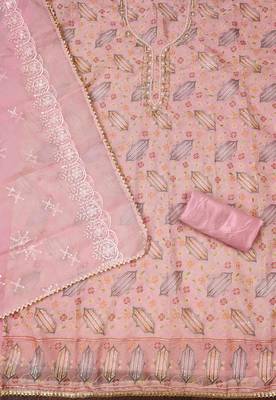 pink organza handwork unstitched dress material 3