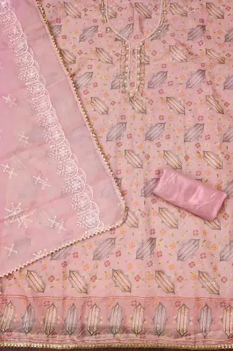 pink organza handwork unstitched dress material