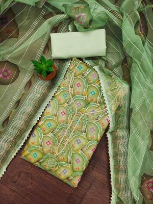 Women's green organza handwork unstitched dress material 1