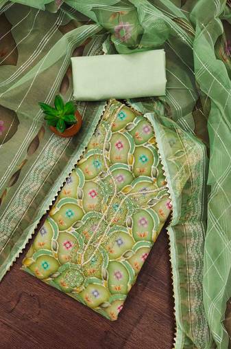 Women's green organza handwork unstitched dress material