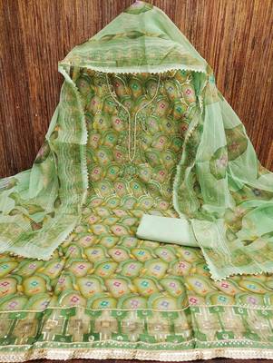 Women's green organza handwork unstitched dress material 2