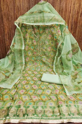 Women's green organza handwork unstitched dress material