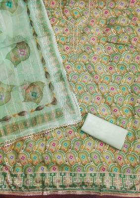 Women's green organza handwork unstitched dress material 3