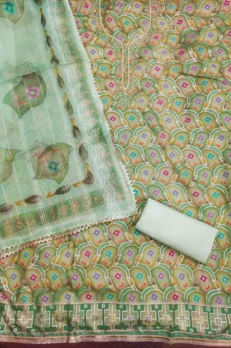 Women's green organza handwork unstitched dress material