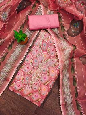 pink organza handwork unstitched dress material 1