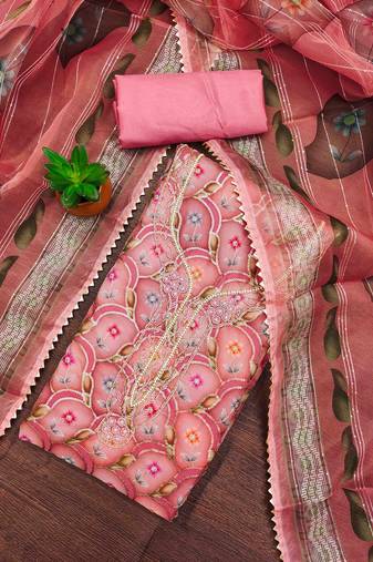 pink organza handwork unstitched dress material