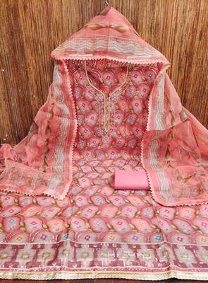pink organza handwork unstitched dress material 2