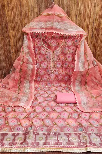 pink organza handwork unstitched dress material