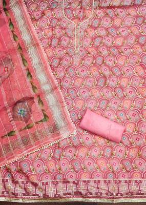 pink organza handwork unstitched dress material 3