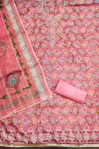 pink organza handwork unstitched dress material