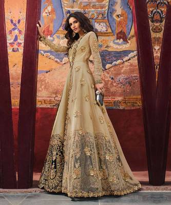 Biege Embroidered Art Silk  Anarkali Suit Free size full stitched Up To 42" Size 1