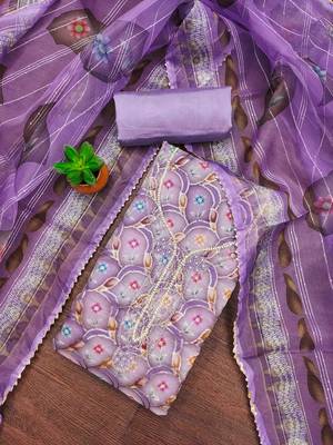 purple organza handwork unstitched dress material 1
