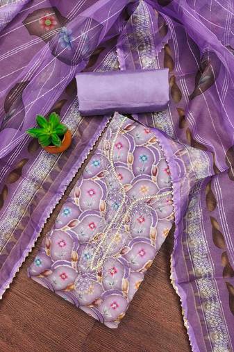 purple organza handwork unstitched dress material