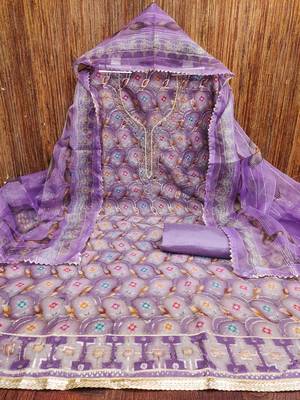 purple organza handwork unstitched dress material 2