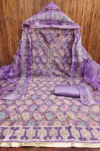 purple organza handwork unstitched dress material