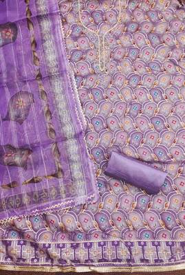 purple organza handwork unstitched dress material 3