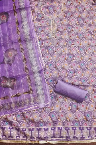 purple organza handwork unstitched dress material