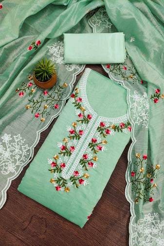 mint chanderi cotton embroidered unstitched dress material