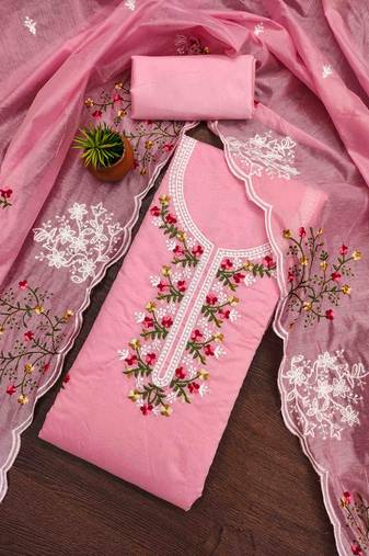 pink chanderi cotton embroidered unstitched dress material