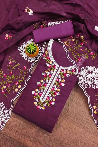 wine chanderi cotton embroidered unstitched dress material