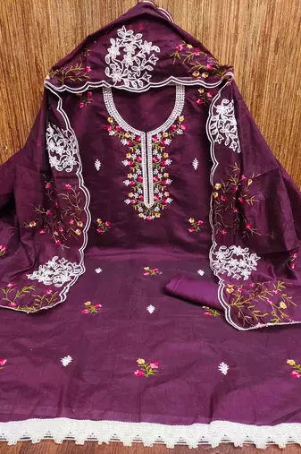wine chanderi cotton embroidered unstitched dress material