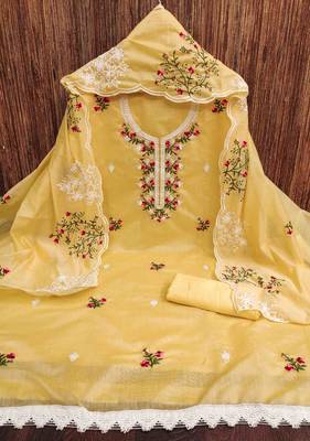 yellow chanderi cotton embroidered unstitched dress material 2