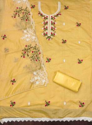yellow chanderi cotton embroidered unstitched dress material 3