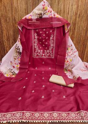 Women's maroon cotton embroidered unstitched dress material 2