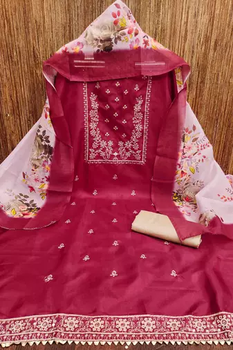 Women's maroon cotton embroidered unstitched dress material