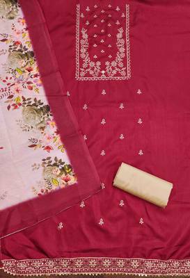 Women's maroon cotton embroidered unstitched dress material 3